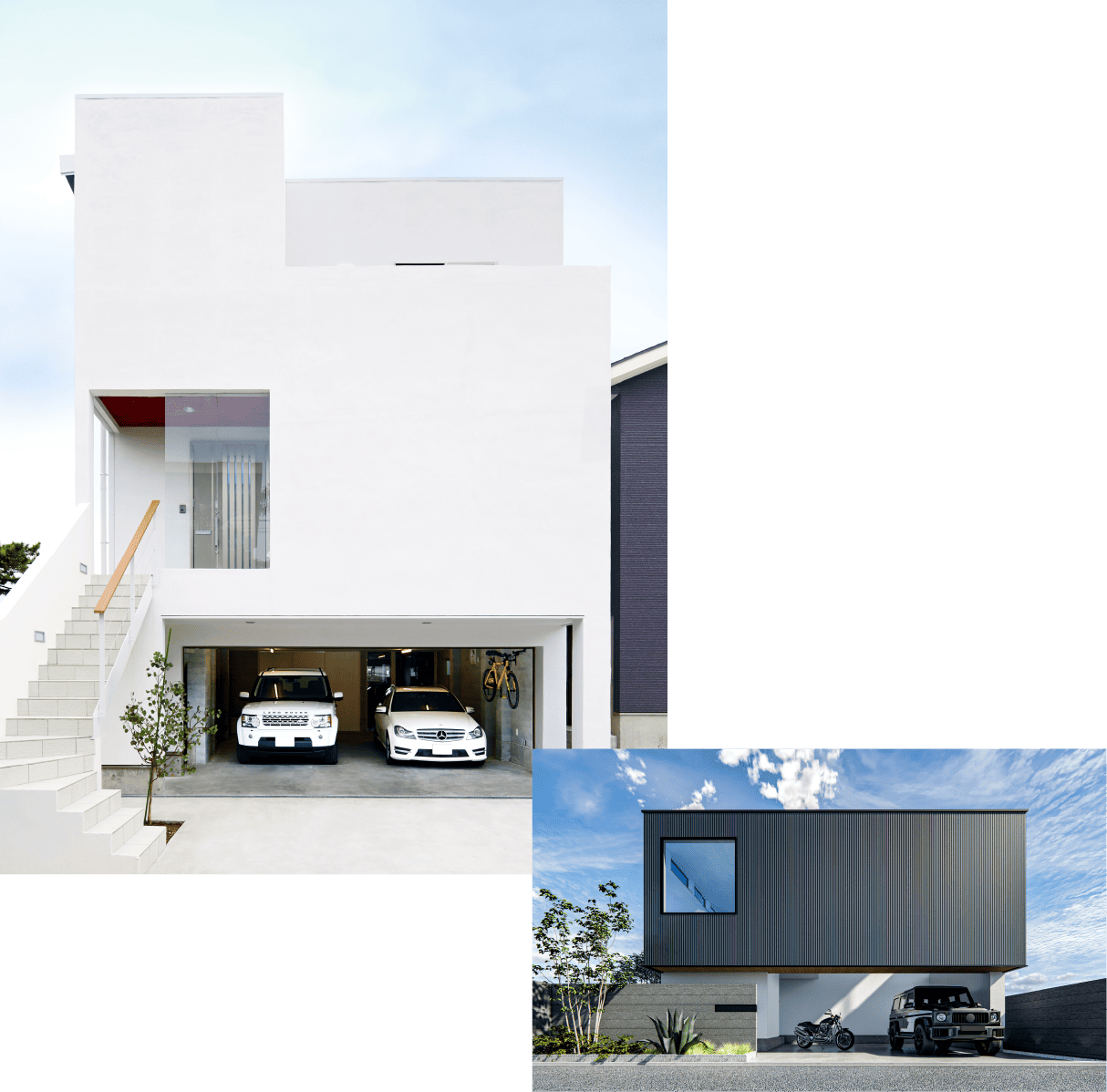 複数台を駐車できる広い間口のガレージ